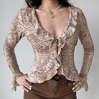 Ruffled V-neck long-sleeved top