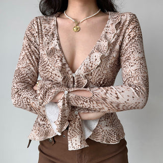 Ruffled V-neck long-sleeved top