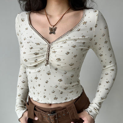 Retro floral V-neck long-sleeved top
