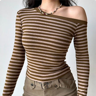 One-shoulder long-sleeved striped top