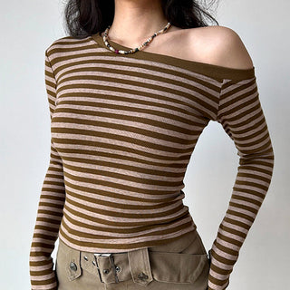 One-shoulder long-sleeved striped top