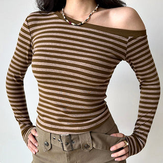One-shoulder long-sleeved striped top