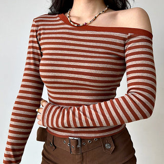 One-shoulder long-sleeved striped top