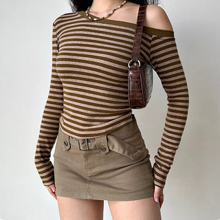 One-shoulder long-sleeved striped top