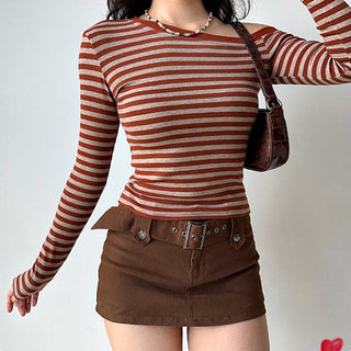 One-shoulder long-sleeved striped top