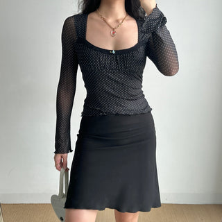 Mesh polka dot U-neck long-sleeved slim top