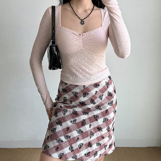 Hollow lace straight shoulder long-sleeved slim top