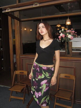 Retro floral large print fishtail skirt