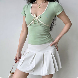 Bowknot V-neck straight shoulder slim top