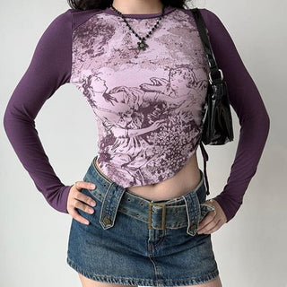 Irregular hem printed long-sleeved T-shirt