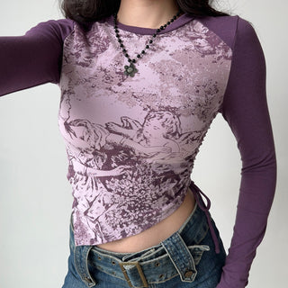 Irregular hem printed long-sleeved T-shirt