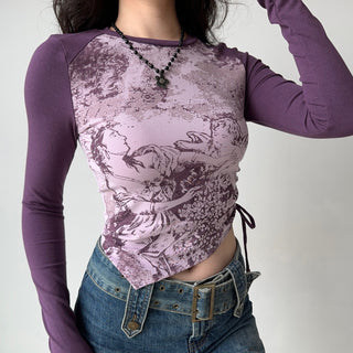 Irregular hem printed long-sleeved T-shirt