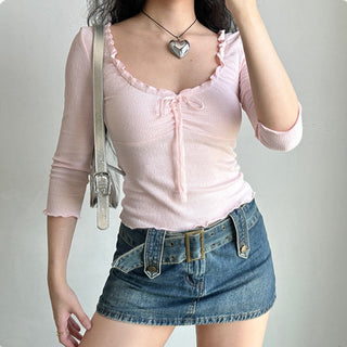 Bowknot Low-cut Round Neck top