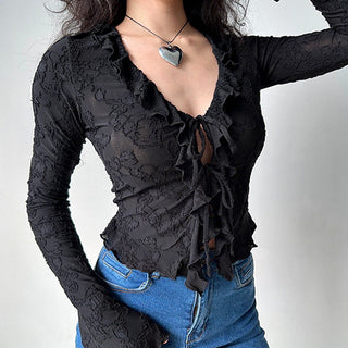 V-neck lace strap shirt