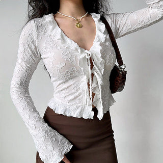 V-neck lace strap shirt