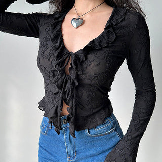 V-neck lace strap shirt