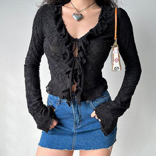 V-neck lace strap shirt