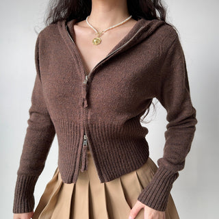 Double-head zipper ribbed knitted cardigan