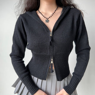 Double-head zipper ribbed knitted cardigan