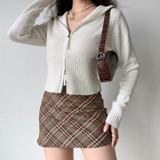 Double-head zipper ribbed knitted cardigan