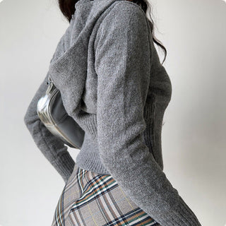 Double-head zipper ribbed knitted cardigan