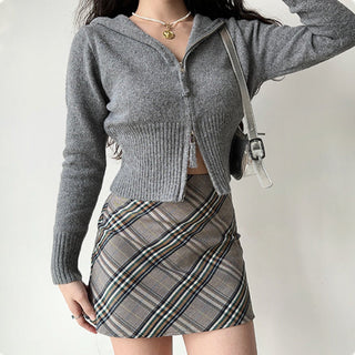 Double-head zipper ribbed knitted cardigan