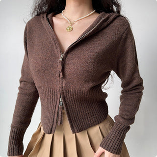 Double-head zipper ribbed knitted cardigan