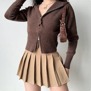 Double-head zipper ribbed knitted cardigan