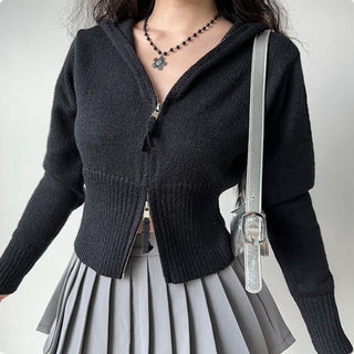 Double-head zipper ribbed knitted cardigan