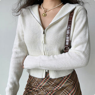 Double-head zipper ribbed knitted cardigan