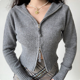 Double-head zipper ribbed knitted cardigan