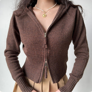 Double-head zipper ribbed knitted cardigan