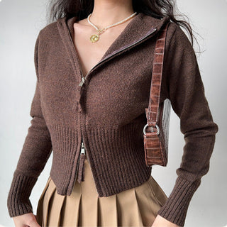 Double-head zipper ribbed knitted cardigan