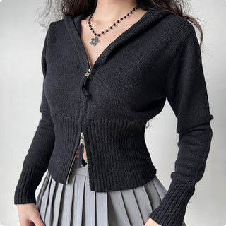 Double-head zipper ribbed knitted cardigan