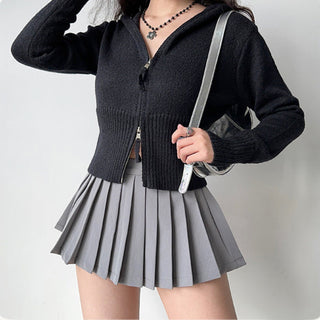 Double-head zipper ribbed knitted cardigan