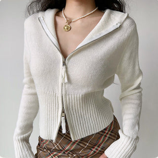 Double-head zipper ribbed knitted cardigan