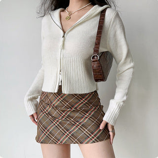 Double-head zipper ribbed knitted cardigan