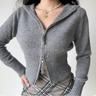 Double-head zipper ribbed knitted cardigan