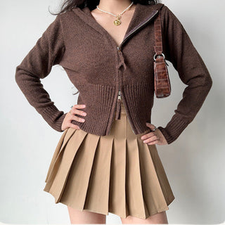 Double-head zipper ribbed knitted cardigan