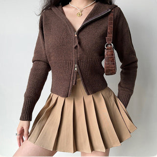 Double-head zipper ribbed knitted cardigan