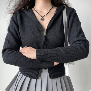Double-head zipper ribbed knitted cardigan
