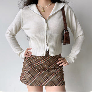 Double-head zipper ribbed knitted cardigan