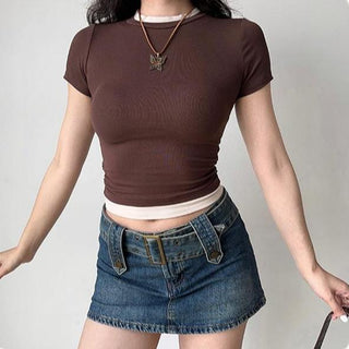 Basic contrast color fake two-piece crop top