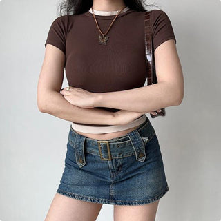 Basic contrast color fake two-piece crop top
