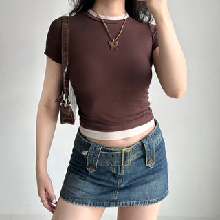 Basic contrast color fake two-piece crop top