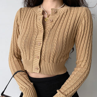 Retro round neck knitted cardigan