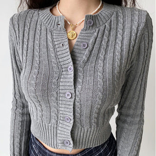 Retro round neck knitted cardigan