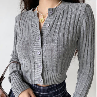 Retro round neck knitted cardigan