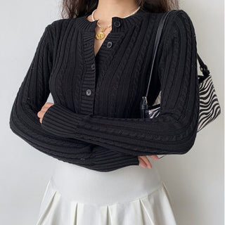 Retro round neck knitted cardigan