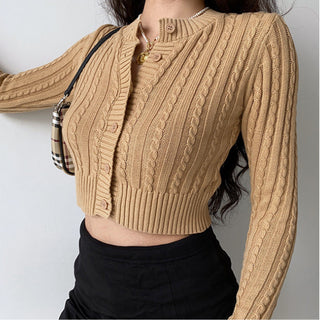Retro round neck knitted cardigan